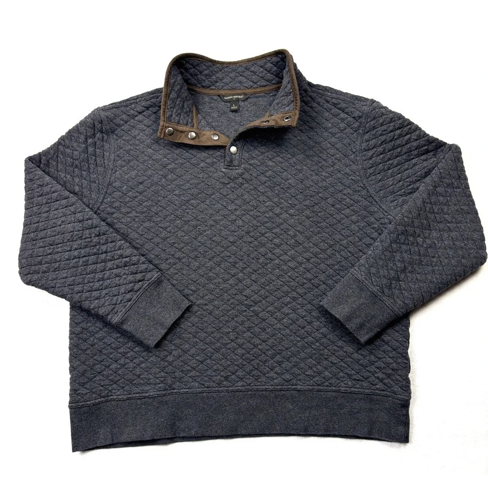 Banana Republic Mens Quilted Popover Sweatshirt‎ Charcoal Heather Grey Large L